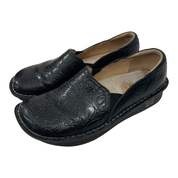 Alegria Black Embossed Leather Professional Slip On Clogs SZ 8.5 Comfort Shoes - Picture 2 of 11